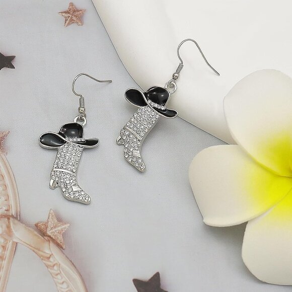 Rhinestone Western Boots Earrings Cowgirl Cowboy Enamel Hat Bohemian Rodeo Boot - Picture 5 of 7